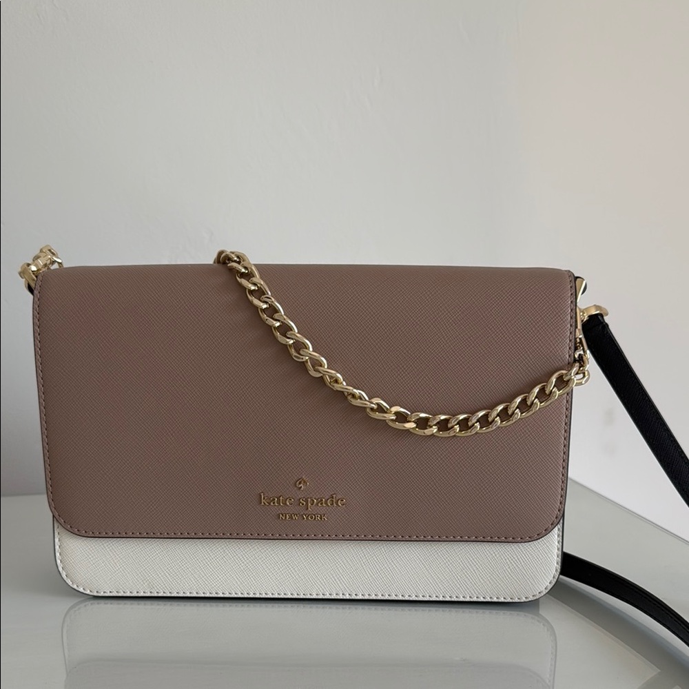 Kate Spade Mini Willow Brown and White Crossbody Bag with Gold Chain